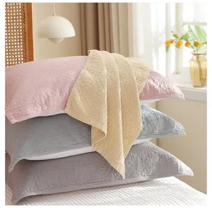 Cotton 4-layer gauze pillow towel set, minimalist solid color home bedding detail view.