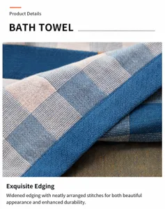 Detail de drap de bain pour adulte carrele bleu et blanc avec ourlet large et tissu absorbant.