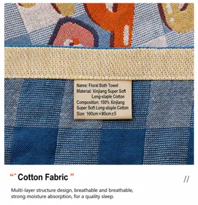 Gros plan détaillé de drap de bain en jacquard de gaze montrant texture douce et étiquette.