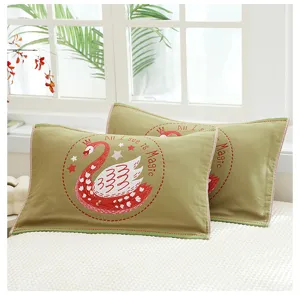 Children's cotton gauze pillowcase, 40x60cm pair set, cute red swan embroidered design.