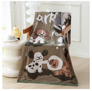 Serviette de bain en gaze de coton avec motif chien mignon, douce et très absorbante.