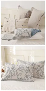 Nordic cotton linen pillowcase detail, elegant floral embroidery, soft home bedding decor.
