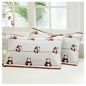 Soft cotton gauze kids pillow towel detail, cute brown panda print, breathable and cozy style.