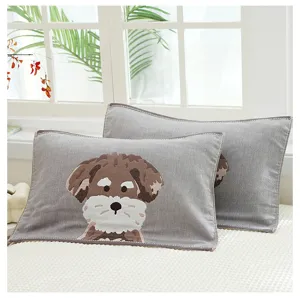 Soft cotton gauze pillow towel detail with cute cartoon puppy embroidery, cozy and breathable.