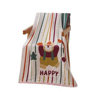 Serviette de bain en gaze de coton ours mignon rayures absorbant respirant adulte.