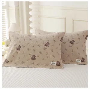 Cotton pillowcase pair with cute cartoon bear print, soft gauze fabric for home bedroom use