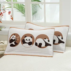 Cute cotton gauze children pillowcases pair with lovely cartoon panda prints, breathable soft.