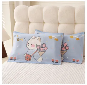 Cute cartoon pillow towel detail display, soft breathable cotton fabric, cozy bedroom bedding.