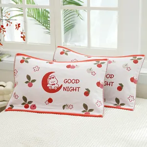 Soft cotton gauze children pillowcase 40x60 pair, cute cartoon print breathable cover.