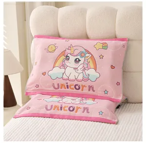 Cute cartoon cotton pillow towel detail shot, soft gauze breathable pillow cover for kids home