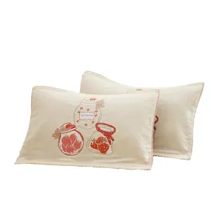 Children cotton gauze pillowcase pair 40x60cm cute strawberry jar embroidery breathable