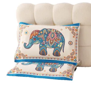 Cotton gauze pillow towel with cute elephant pattern, soft thickened bed pillow cover for kids.