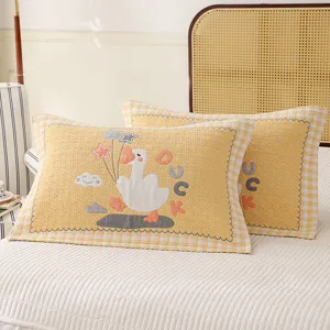 Pair of cartoon duck gauze pillow covers, thickened breathable pillow towels for all seasons.