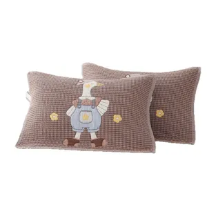 Brown plaid cotton gauze pillow covers pair with cute cartoon duck embroidery soft bedding
