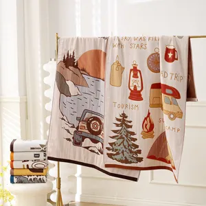 Toalla de baño de algodón estilo nórdico con estampado de camping, suave y absorbente.