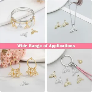Detailed views of gold and silver mermaid tail charms for DIY bracelets and necklaces.