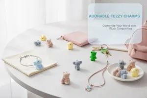 A close-up view of colorful fuzzy animal charms used as bag and accessory decor