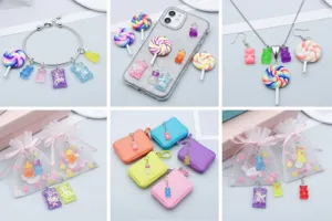 Detailed DIY application display of colorful resin gummy bear and lollipop charms