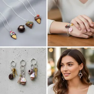 Mixed resin food pendants showing DIY jewelry styles like necklaces and earrings