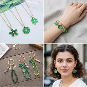 Collage mit grünen Emaille-Blumenanhängern als Halsketten, Armband und Ohrringe