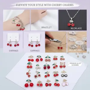 Sammlung von Kirschanhängern aus roter Emaille für DIY-Schmuck mit Anwendungsbeispielen