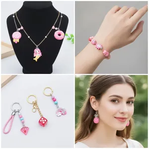 Various cute pink resin cartoon charms used for necklaces, bracelets, and earrings.
