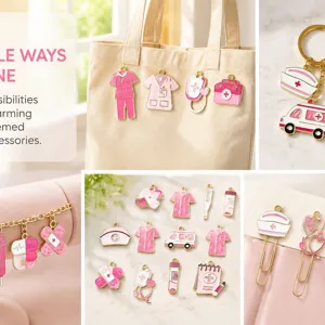 Detailed view of assorted pink medical enamel charms for DIY jewelry and accessory making
