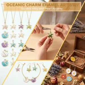 Detailed view of colorful enamel starfish and shell charms for DIY jewelry making.
