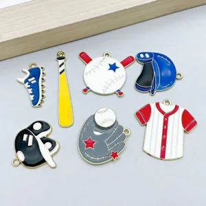 Detail showing various enamel baseball-themed charms for DIY jewelry making