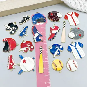 Detailed macro view of mixed colorful sports enamel pendants with a ruler for size scale.