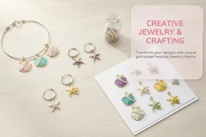 Detailed macro shot of colorful enamel starfish and shell charms for DIY jewelry crafting
