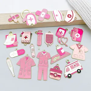20 pieces pink medical enamel charms featuring nurse uniform ambulance syringe and heart.