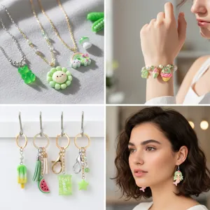 Verschiedene süße grüne Harzanhänger als Halsketten, Armbänder und Schlüsselanhänger