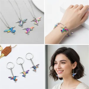 Set of colorful hummingbird charms shown as DIY necklace, bracelet, earrings and keychain