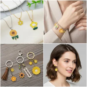 Various yellow sunflower enamel charms shown on necklaces, bracelets, earrings and keychains
