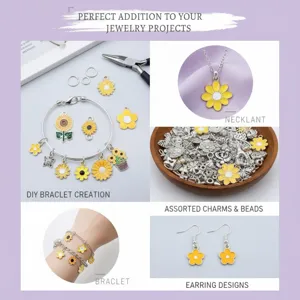 Multi-pane view showcasing yellow enamel daisy and sunflower charms in various DIY jewelry designs.