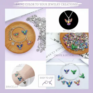 Collage of colorful enamel hummingbird charms for DIY jewelry making and design