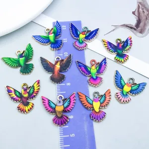 Set of 10 colorful hummingbird alloy pendants with KC gold edges for DIY jewelry