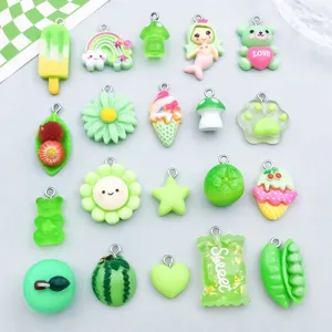 Grüne Harz Frucht Cartoon Charms Wassermelone Apfel Bär Meerjungfrau Süßigkeiten Anhänger Für DIY Schmuckherstellung Schlüsselanhänger Zubehör Sortiment