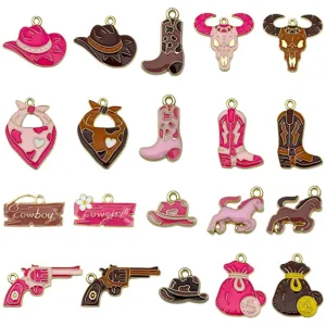 20-tlg. Western-Cowboy-Emaille-Anhänger-Set in Pink und Braun für DIY-Schmuckherstellung