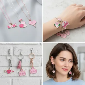 Detail collage of pink enamel heart and rose charms used for DIY jewelry making.