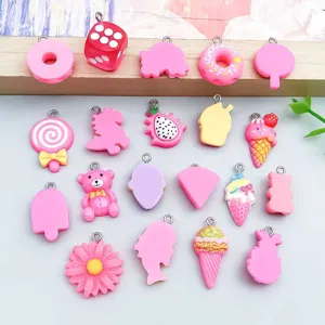 Adorable rose red resin cartoon pendants featuring lollipop and ice cream shapes for DIY crafts.
