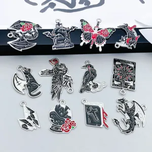 Collection of 12 dark gothic Halloween alloy enamel charms for DIY jewelry crafts.