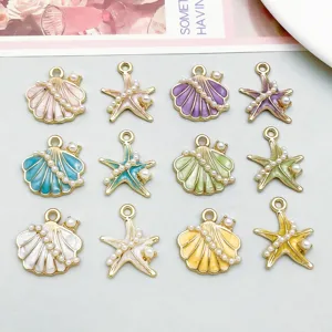 Ocean Enamel Marine Starfish Shell Pendants With Artificial Pearl Rhinestones Alloy Charms For DIY Jewelry Making Accessories
