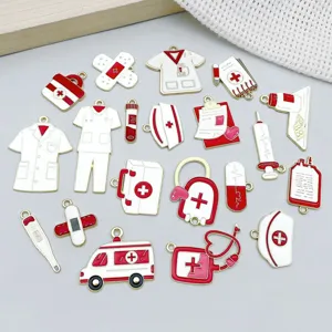 Set of medical themed enamel charms including stethoscope and ambulance for DIY crafts