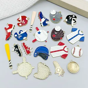 Macro view of assorted colorful enamel baseball-themed charms for DIY jewelry making