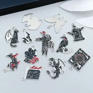 Collection of 12 dark Halloween alloy charms for DIY jewelry, featuring dragons and bats.
