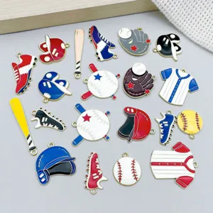 Set of 20 colorful enamel baseball themed sports charms for DIY jewelry making.