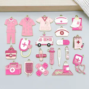 Pink Enamel Zinc Alloy Medical Theme Charms For DIY Jewelry Making Stethoscope Nurse Uniform Ambulance Syringe Pendants