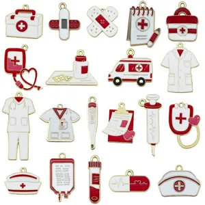 20pcs Red Enamel Medical Charms for DIY Jewelry: Stethoscope, Ambulance, First Aid Kit